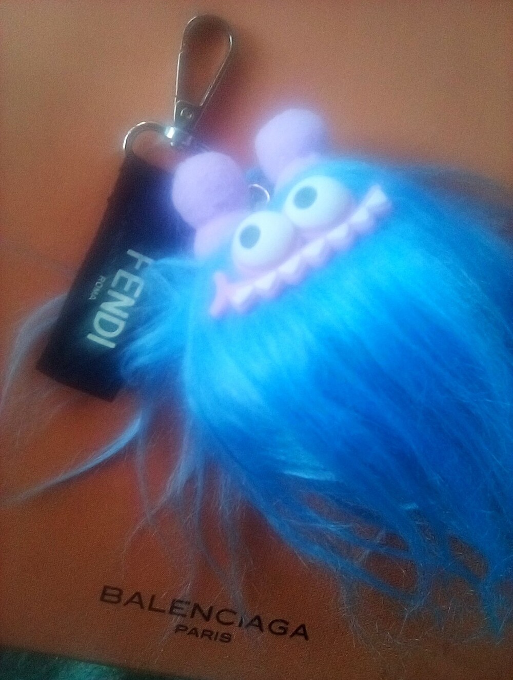 Fendi Ribbon Blue Monster Fur Bag Charm Keychain Designer Accessory - Picture 2 of 9